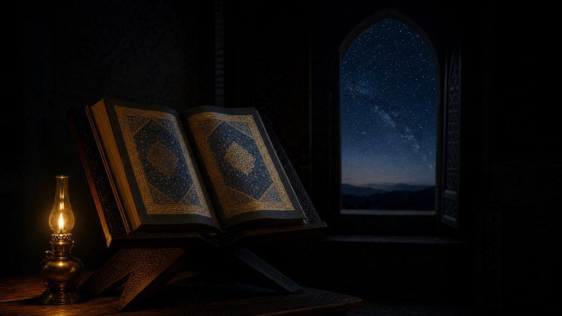 Un Corano aperto sul suo leggio di legno alla luce di una lampada, vicino a una finestra ad arco da cui si vede un cielo stellato