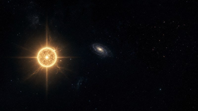 Una stella luminosa in primo piano e, molto più lontano, una minuscola galassia a spirale