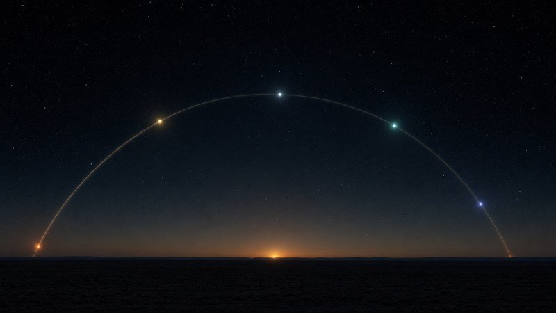 Un arco luminoso che attraversa il cielo da un orizzonte all'altro con diversi pianeti infilati su di esso, sopra il bagliore del crepuscolo