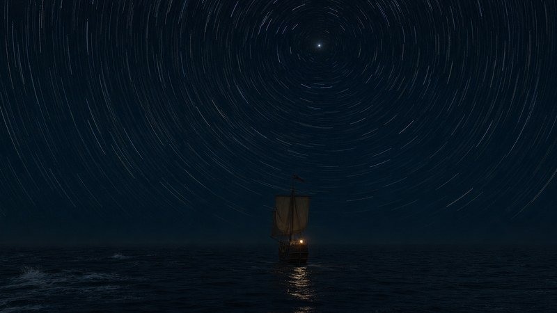 Un veliero solo in mare aperto sotto un cielo di scie circolari, tutte che girano attorno a una stella che non si muove