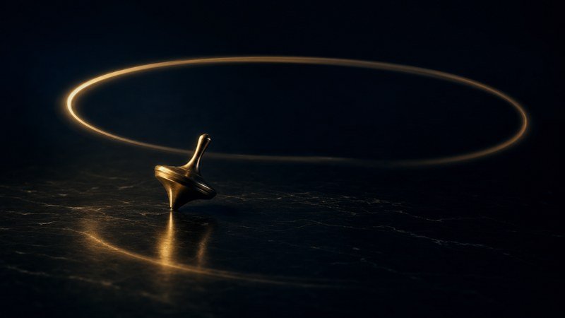 Una trottola dorata che gira su pietra scura, con la scia del suo asse che disegna un cerchio nell'aria