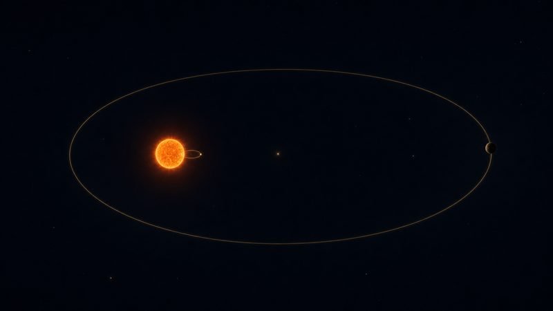 Una estrella naranja con una órbita mínima dibujada alrededor de un punto invisible, y mucho más lejos un planeta pequeño en una órbita ancha alrededor del mismo punto