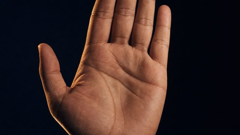 Una palma abierta sobre fondo oscuro, iluminada de lado para que se marquen los tres pliegues principales de la mano